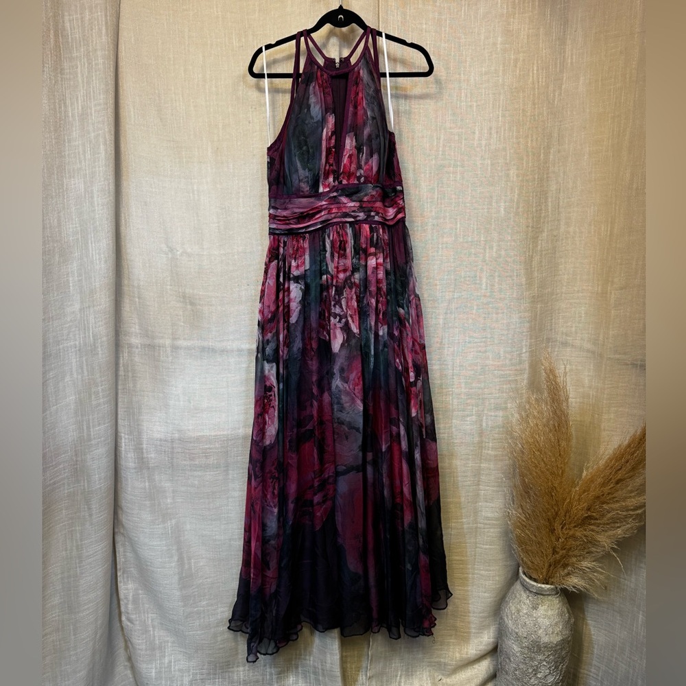 Marchesa Notte Plum Floral Print Chiffon Gown Maxi Dress in Size 10 - Picture 3 of 9